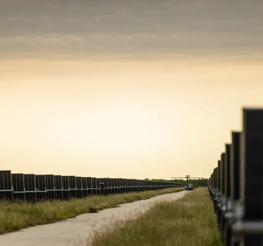 Solar photovoltaic array at sunset